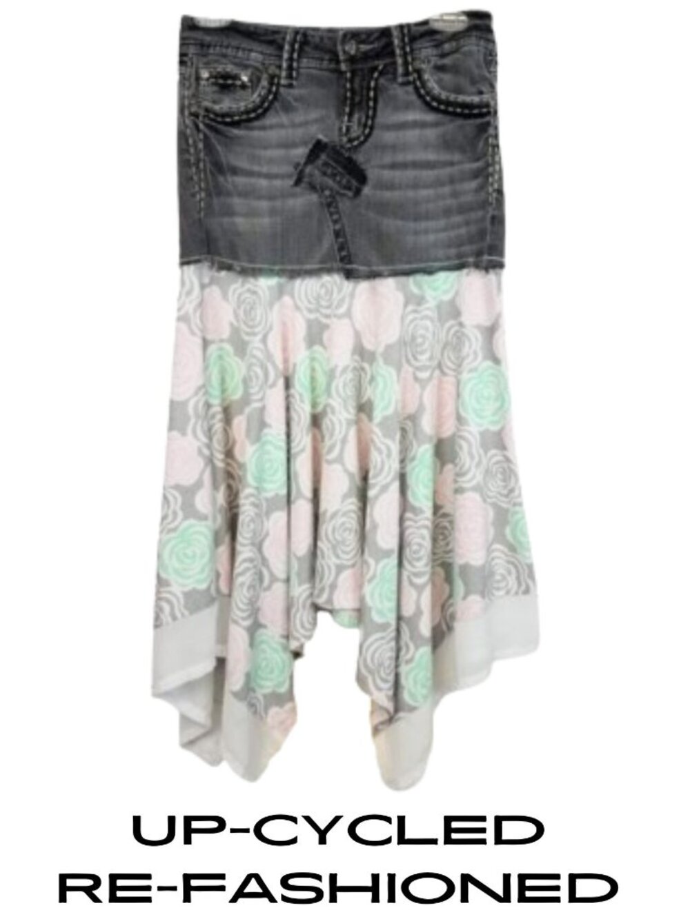 MISS ME Refashioned Upcycled Below Knee Floral Jean Skirt - Women's 26 Waist